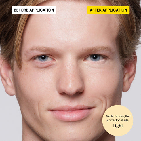 Male model's face showing before and after corrector application with reduced dark circles and even skin tone in light shade.