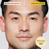Half-face comparison showing under-eye dark circles before and smooth, brightened skin after applying light shade corrector cream.