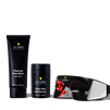 Lumin men's skincare set with charcoal face wash, daily face moisturizer, and LED light therapy mask for detox and hydration.