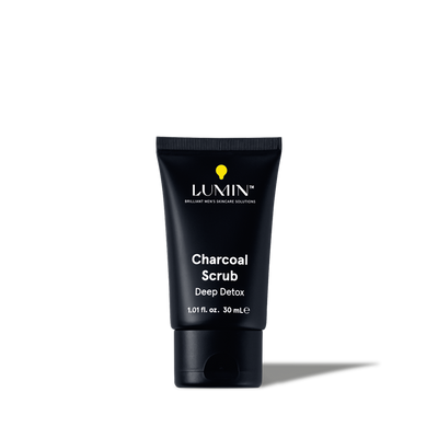 Lumin men’s charcoal scrub deep detox facial cleanser tube 1.01 fl oz black skincare product