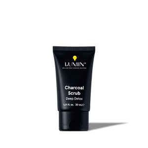 Lumin men’s charcoal scrub deep detox facial cleanser tube 1.01 fl oz black skincare product