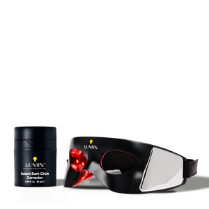 Lumin Instant Dark Circle Corrector cream with black LED light therapy eye mask for men’s skincare and dark circle treatment.