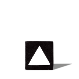 Black square button with a white upward-pointing triangle symbol, casting a shadow on a white background.