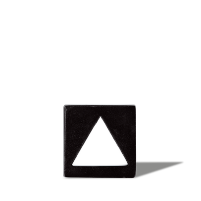 Black square button with a white upward-pointing triangle symbol, casting a shadow on a white background.