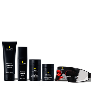 Lumin men's skincare set with charcoal face wash, wrinkle defense serum, daily moisturizer, dark circle balm, and LED eye mask.