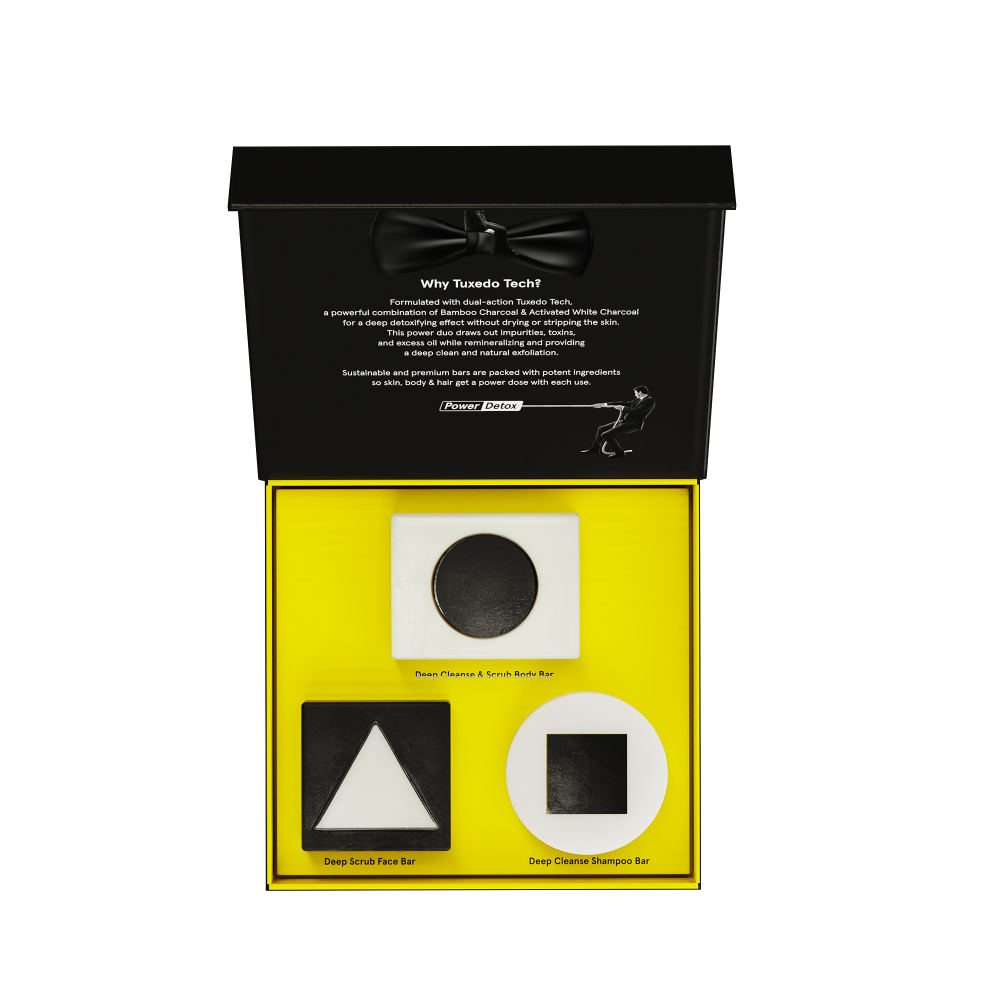 Luxury detox body, face, and shampoo bars set with bamboo charcoal for deep cleansing, exfoliation, and natural skincare.